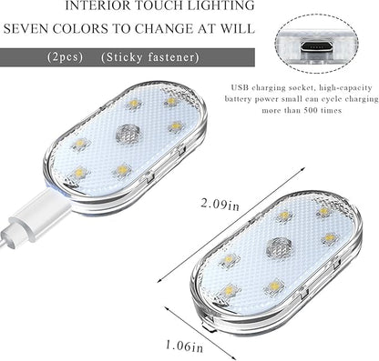 Wevdn 2 PCS Car LED Lights Interior Wireless, Sticky Car Ambient Lighting with 6 Bright LED Lamp Beads, Portable USB Rechargeable Vehicle Interior Led Night Light for Car (Colorful)