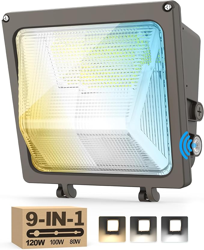 AKK LED Wall Pack Light 120W/100W/80W & 3000K/4000K/5000K Selectable, Glass Lens, Dusk to Dawn Photocell & Timed Dimming, 18000LM, IP65 Waterproof for Garage, Warehouse and Exterior Building Security