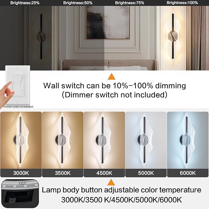 Modern Wall Sconce Light Bedroom Wall Lights Black LED Wall Lamp for Living Room Hallway Bathroom 22.4In