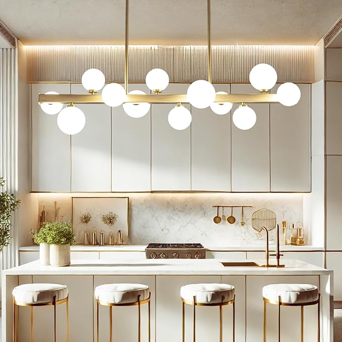 12 Lights Modern Gold Chandelier, L43.3 Linear Frosted Glass Globe Pendant Light, Mid Century Hanging Lighting Fixture for Kitchen Island, Dining Room, Living Room