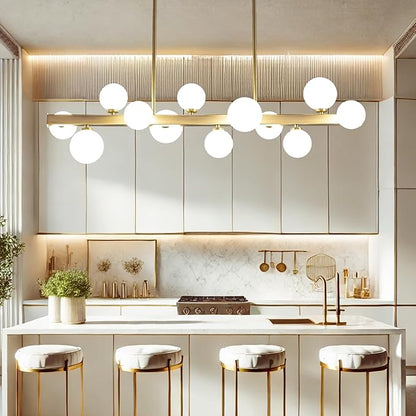 12 Lights Modern Gold Chandelier, L43.3 Linear Frosted Glass Globe Pendant Light, Mid Century Hanging Lighting Fixture for Kitchen Island, Dining Room, Living Room