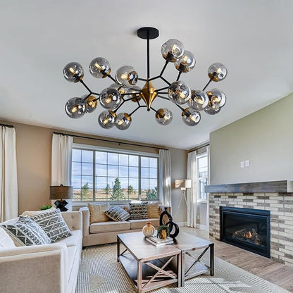 hesoge 20 Light Extra Large Sputnik Chandelier Mid Century Modern Black and Gold Ceiling Light Fixture with Glass Globe Pendant Light Hanging for Dining Room Kitchen Living Room Foyer.
