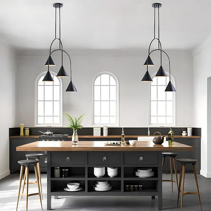 LamQee Matte Black Industrial Pendant Light Fixture, 4 Lights Large Cluster Pendant Lighting with Cone Metal Shade, Farmhouse Hanging Chandelier for Dining Room Kitchen Island Bar Entryway Staircase