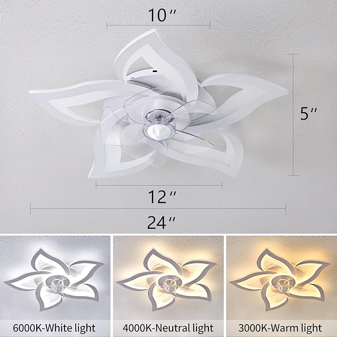 Ceiling Fan with Lights Remote Control, 3 Colors, 6 Speeds, 24" Geometric Bladeless Ceiling Fan, White Low Profile Ceiling Fan with Light for Kitchen Bedroom
