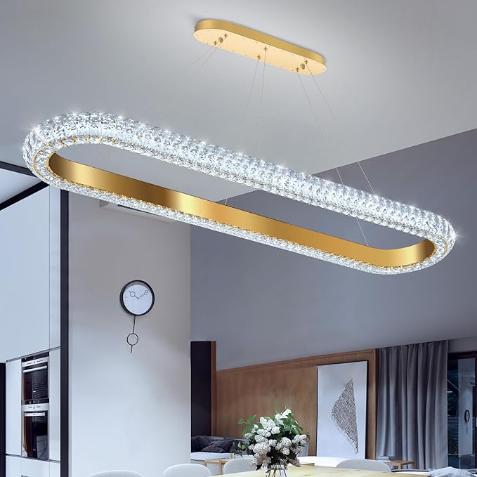 47'' Oval Ring Crystal Chandelier Modern LED Dimmable Ring Pendant Light Chandelier for Dining Room Living Room Gold