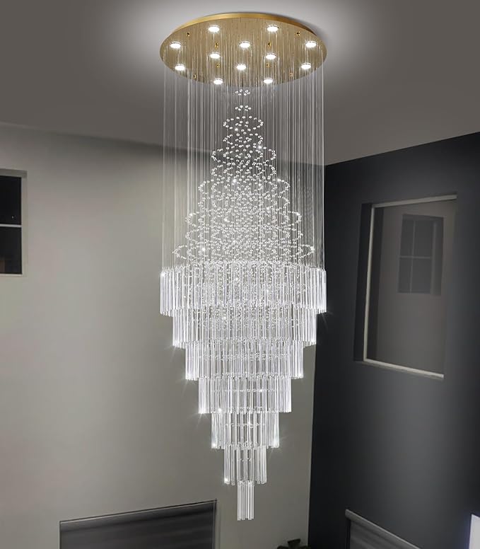 HAIXIANG W32 x H120 Glam Chandelier with LED Bulbs Crystal Raindrop High Ceiling Pendant Light for Entrance Large Villa Chandelier Foyer Lighting Fixtures Gold