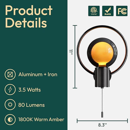 ALAMPEVER Modern Wall Sconce with Pull Chain, Metal Black Wall Lights with G125 Glass Globe Bulb, Wall Mount Light for Enhancing Indoor Ambience in Bedroom, Living Room, and Hallway, 1 Pack