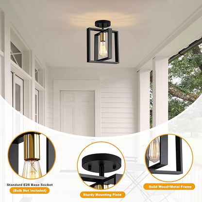 Farmhouse Small Pendant Light Fixture,Kitchen Island Hanging Lamp with Cord, Black+Gold Finish, Wood Frame Chandelier for Hallway Entryway Closet Bedroom,9.5 Inch,E26.