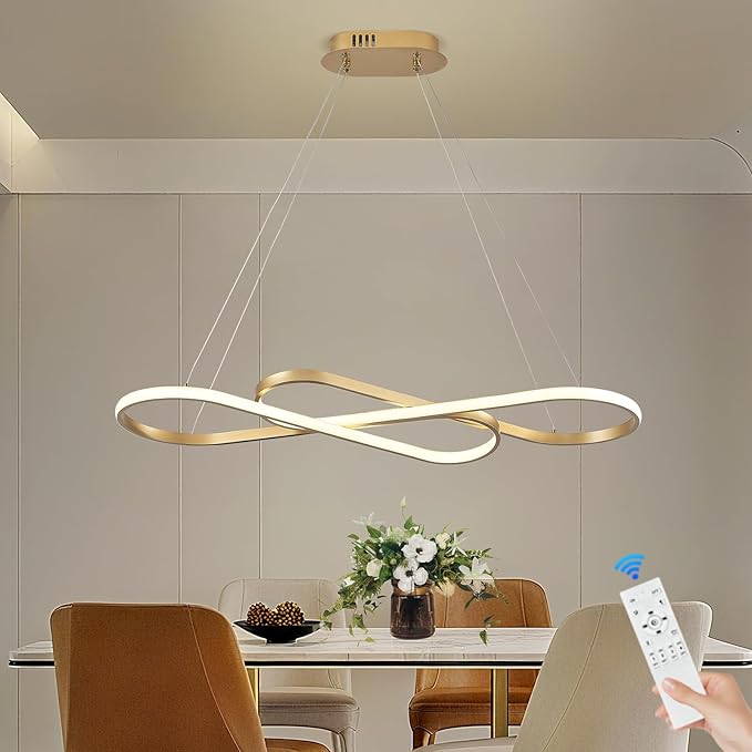 Modern LED Chandelier Gold Dimmable LED Pendant Light for Dining Room Light Fixture Over Table Modern Kitchen Island Lighting High Ceiling with Remote for Living Room, 31.7 Inch