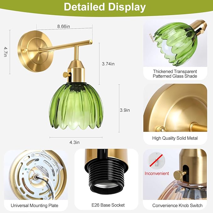 Vintage Gold Wall Sconces with Green Tulip Glass Lampshade, Hardwired Wall Lamp (2 Usage Methods), Brass Sconces Hradwired Modern Wall Light Fixture for Bedroom Living Room