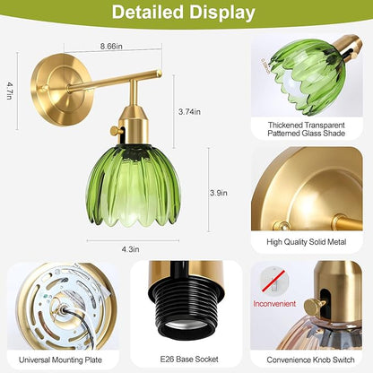 Vintage Gold Wall Sconces with Green Tulip Glass Lampshade, Hardwired Wall Lamp (2 Usage Methods), Brass Sconces Hradwired Modern Wall Light Fixture for Bedroom Living Room