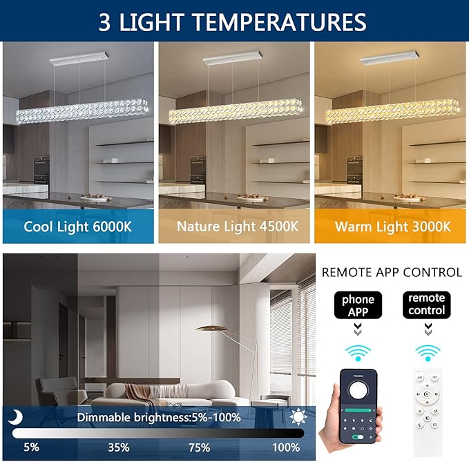 47'' Modern Crystal Chandelier for Dining Room Ceiling Light Fixture for Living Room Hallway Lighting LED Dimmable with Remote Silver