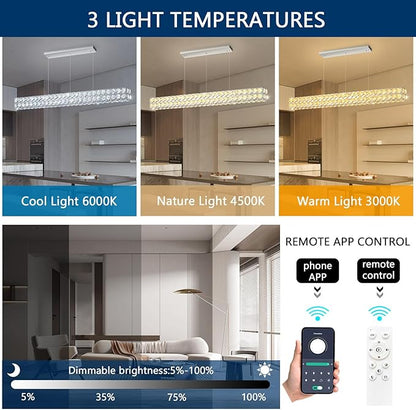 47'' Modern Crystal Chandelier for Dining Room Ceiling Light Fixture for Living Room Hallway Lighting LED Dimmable with Remote Silver