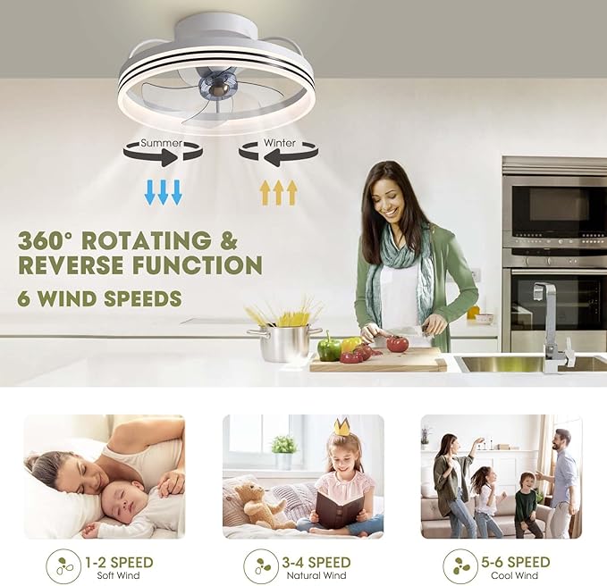 LUDOMIDE Ceiling Fans with Lights, 360° Rotating Ceiling Fan with Lights and Remote, 6 Wind Speeds Smart Flush Mount Ceiling Fan for Bedroom, Dining Room and Kitchen 20"
