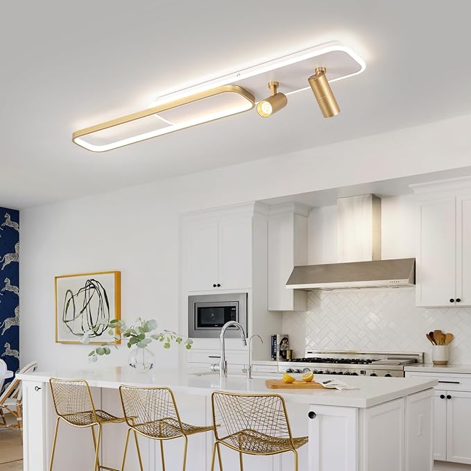 EIDISUNY Modern LED Ceiling Light Remote Control, 39.3in Linear Ceiling Light with 2 Adjustable Spotlights 65W, Dimmable 3CCT, Gold Long Ceiling Light Fixture for Bedroom Kitchen Living Room