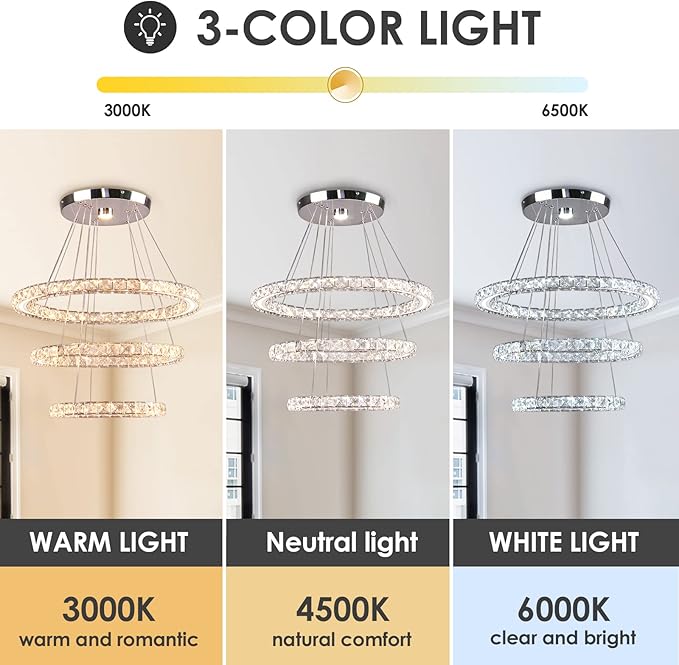 Modern LED Chandeliers Crystal Chandeliers Ceiling Light Three Rings Pendant Light with Acrylic for Bedroom Dinning Room Hallway(Multicolor 30/40/50)