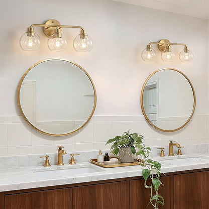 Bathroom Light Fixtures Gold Vanity Light 3 Light Wall Sconces Lighting Brushed Brass Lights with Clear Globe Glass Shades Bath Wall Lamp for Mirror Kitchen Living Room Bedroom Hallway