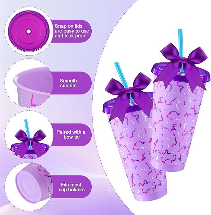 12 Sets Kpop Theme Party Supplies 24 oz Reusable Purple Lightning Crack Print Themed Party Plastic Cups and Purple Bows Bulk Kpop Theme Drinking Cups for Birthday Baby Shower Decoration