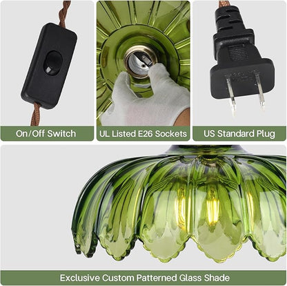 Vintage Green Flower Glass Pendant Light, Hanging Ceiling Lamp Fixture for Kitchen Island, Bedroom, Dining Room, Living Room, Plug in Lighting