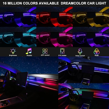 Acrylic Interior Car LED Strip Light with USB/Type C, RGB 6 in 1 with 175 Inch 593 LEDs Strip, Dynamic Chasing Music Sync Neon Ambient Lighting Kits