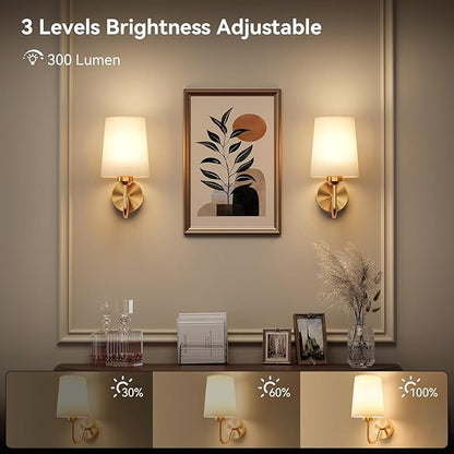 Ouyulong Battery Operated Wall Sconces Set of 2, Wireless Rechargeable Dimmable Wall Light with RGB Bulb and Remote for Bedroom, Living Room, Hallway (Gold)