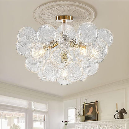 Bubble Ball Semi Flush Mount Ceiling Light Fixture, 24" Bubble Chandelier, Modern Hand Blown Glass Chandelier for Bedroom, Living Room, Dining Room (24“ White Ceiling Light)