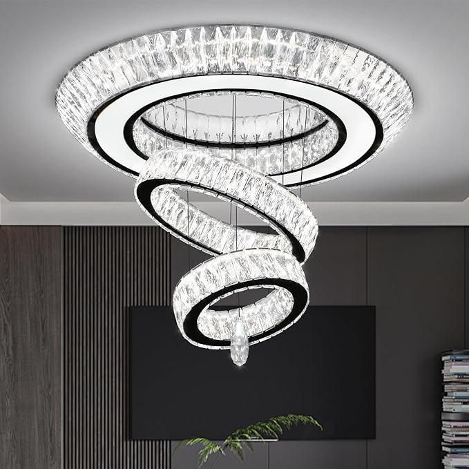 32 in Black LED Ring Chandelier, Crystal Ceiling Light for Living Room Flush Mount Chandelier Lighting Remote Dimmable, Compatible with Sloped Ceiling