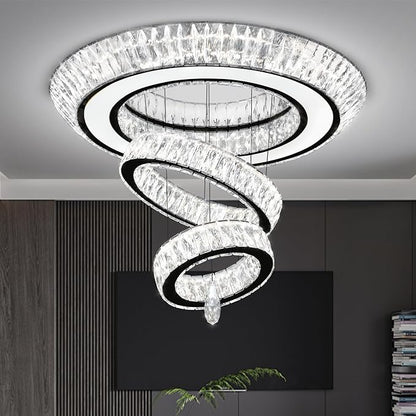 32 in Black LED Ring Chandelier, Crystal Ceiling Light for Living Room Flush Mount Chandelier Lighting Remote Dimmable, Compatible with Sloped Ceiling