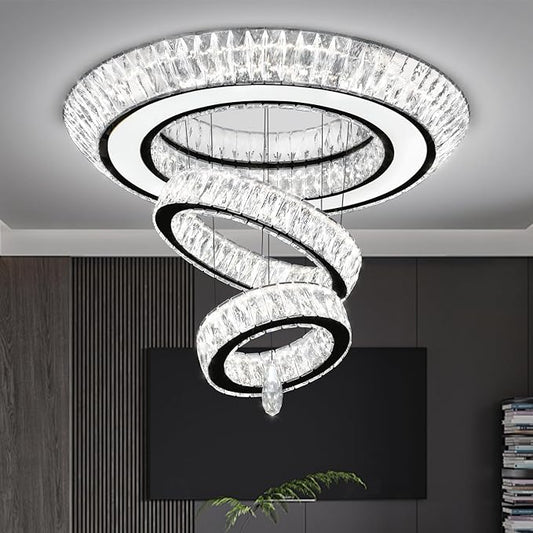 32 in Black LED Ring Chandelier, Crystal Ceiling Light for Living Room Flush Mount Chandelier Lighting Remote Dimmable, Compatible with Sloped Ceiling