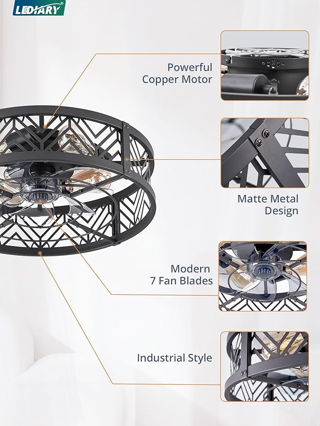 LEDIARY 20" Caged Ceiling Fan with Light, Small Flush Mount Ceiling Fan with App&Remote, Low Profile Bladeless Ceiling Fan for Bedroom, Kitchen, Dining Room-Black