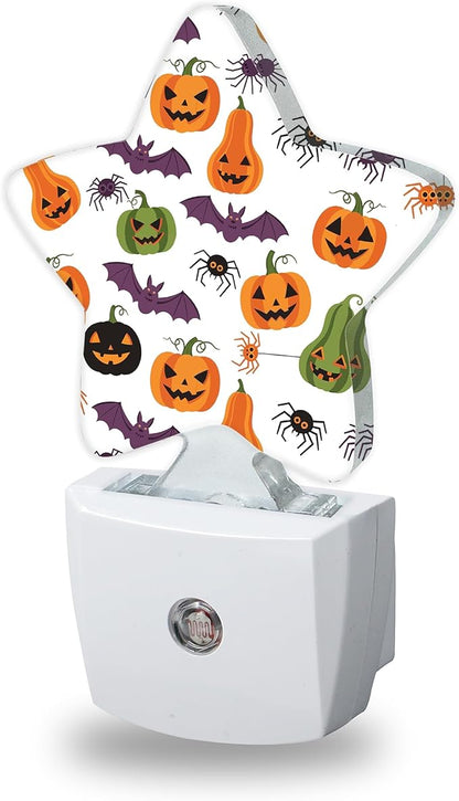 Energy Efficient Nightlights Plug In Wall, Halloween Pumpkin Night Light for Kids Bedroom Decorative, Purple Bat Spiders Dusk-To-Dawn Sensor Sleep Friendly Lamp for Nursery Bathroom Basement