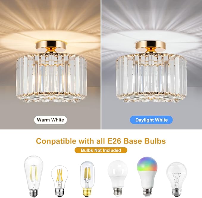 HOPGGIE 10.6 Inch Gold Chandelier Flush Mount Ceiling Light Mini Small Crystal Chandeliers Modern Hallway Light Fixtures Ceiling for Entryway Bedroom Bathroom Kitchen