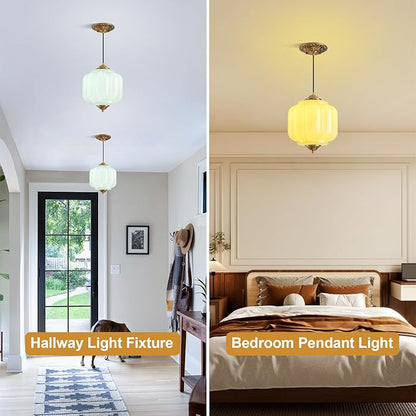 Green Glass Pendant Light, 9in Medium Schoolhouse Light Fixture, LED Bulb Included, Vintage Art Deco Chandelier for Kitchen Island Dining Room Bedroom Hallway, Green & Antique Gold 1 Pack