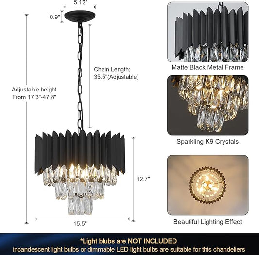 A AXILIXI Crystal Chandeliers Contemporary Small 16” Black Ceiling Pendant Light Fixture 3 Tiers Flush Mount Round Chandeliers Vintage for Dining Room Foyer Kitchen Entryway