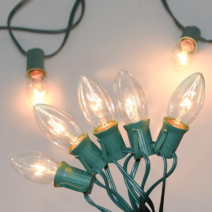 SUNSGNE C9 Clear Christmas Lights 25Ft Outdoor Christmas String Lights with 26 Clear Light Bulbs for Outdoor Patio, Cafe, Party Decor- Green Wire