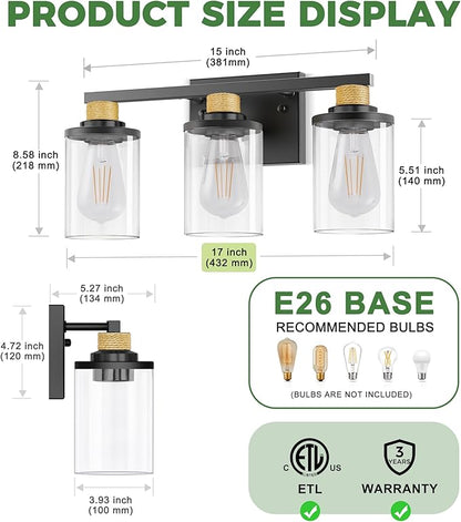 DORESshop 17 Inch Bathroom Light Fixtures, 3-Light Black & Rope Bathroom Lighting Fixtures Over Mirror with Clear Glass Shade, Vanity Lights for Living Room Bedroom