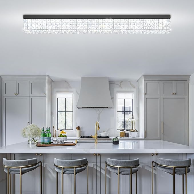 ykolupty L48 Rectangle Ceiling Chandelier Rectangular Crystal Flush Mount Light Modern K9 Crystal Chandeliers Light Fixture for Living Room Dining Room Bedroom Black