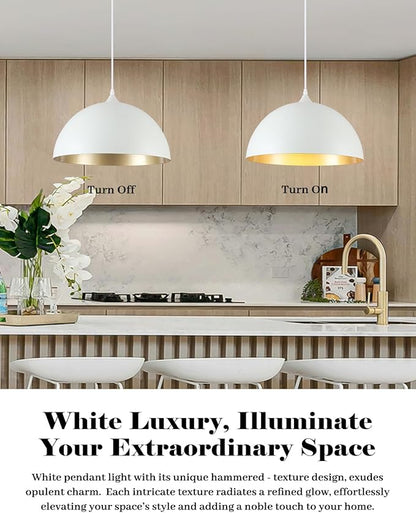 White and Gold Dome Pendant Light, 16 Inch Large Pendant Lights, White Pendant Lights Kitchen Island, Large Industrial Pendant Light for Kitchen Island, Dining Room, Cafe, Bar, 2 Pack