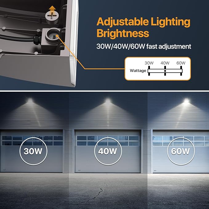 Adjustable LED Wall Pack Light with Dusk to Dawn Photocell 30W/40W/60W Selectable, 5000K Daylight, 100LM/W, 6000LM Max, IP65 Waterproof Outdoor Security Light for Garage, Building, Yard