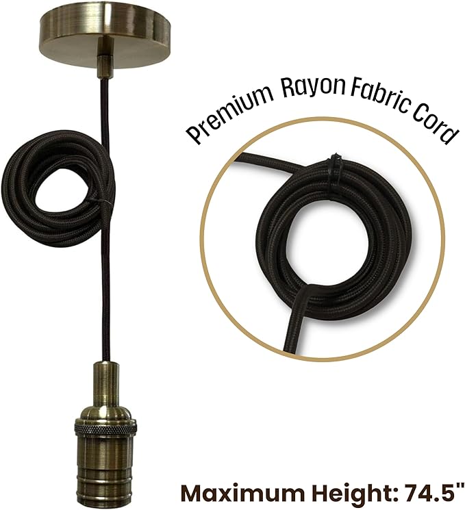 Royal Designs, Inc. Hanging Pendant Lighting, Vintage-Style Keyless Pendant Light Socket and Canopy, Antique Brass with Brown Rayon Fabric Cord