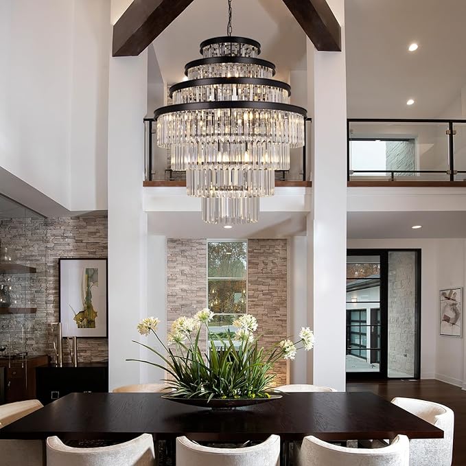 Wellmet Large Crystal Chandelier, Luxury 7-Tier Crystal Chandelier, Black Crystal Chandelier for Living Room, Dining Room, Porch, Entryway, Hallway, Restaurant, 31''W