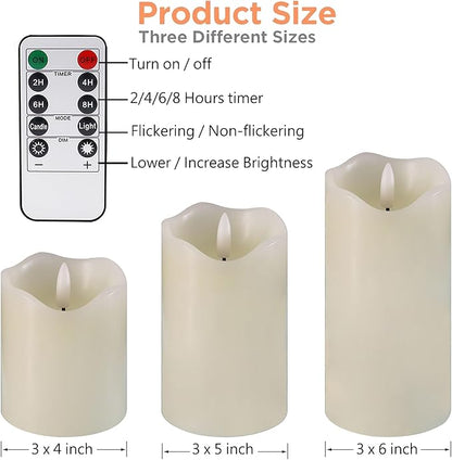 VIEWELLD Flickering Flameless Candles with Remote and Timer, Realistic LED Candles, Battery Operated Candles for Christmas Home Wedding Birthday Decoration, Real Wax Set of 3(Ivory White)