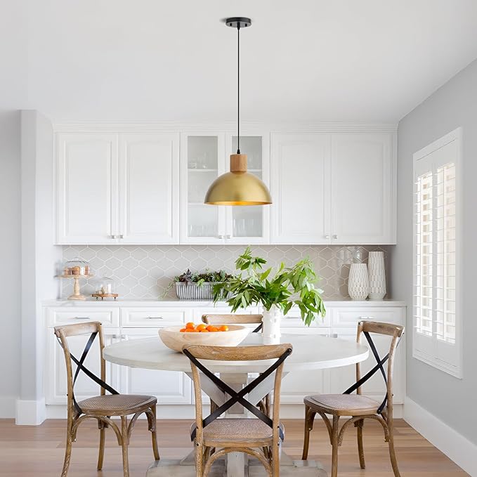 Gold Pendant Light, 11.8" Wood Pendant Lights Fixtures Adjustable Modern Dome Hanging Lighting,for Kitchen Island Dining Room Farmhouse Sink Office Bedroom
