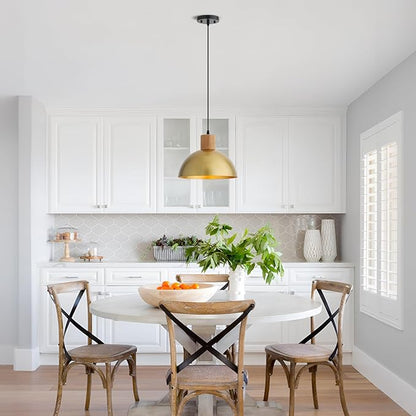 Gold Pendant Light, 11.8" Wood Pendant Lights Fixtures Adjustable Modern Dome Hanging Lighting,for Kitchen Island Dining Room Farmhouse Sink Office Bedroom
