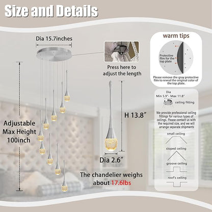 ykolupty 9-Lights Crystal Chandeliers for Staircase Modern Chandeliers for High Ceilings Crystal Pendant Light Fixture for Living Room Kitchen Island Foyer Hallway Bar