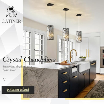 CATINER Black Crystal Pendant Light, Mini Hanging Light Fixture with Adjustable Cord, Modern Industrial Pendant Lighting for Kitchen Island, Dining Room, Bedroom, Hallway, E26 Base (1 Pack)