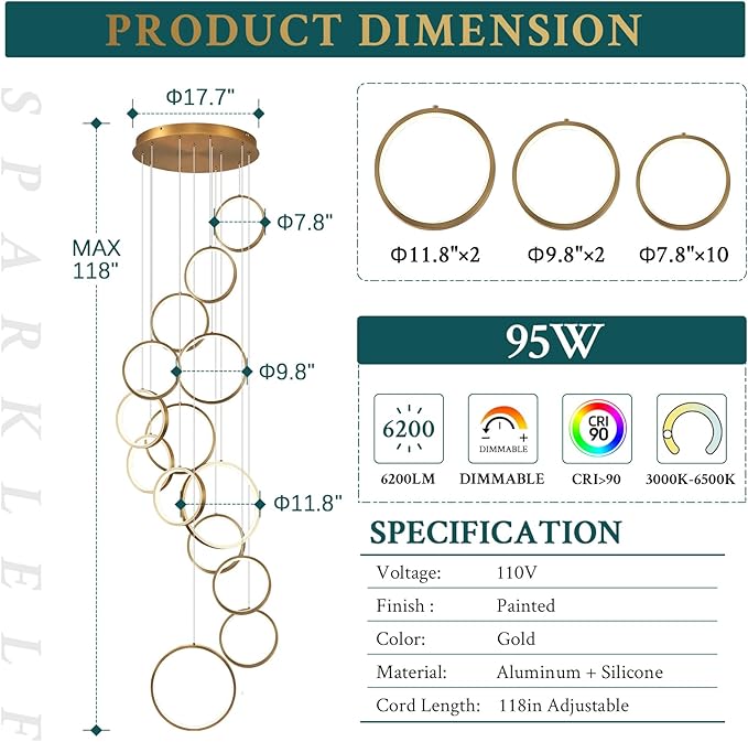 14 Rings Modern LED Chandelier for High Ceiling Dimmable Gold Contemporary Foyer Long Chandelier for Entryway, Long Pendant Light Fixture Staircase Dining Living Room, 3000-6500K