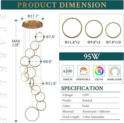14 Rings Modern LED Chandelier for High Ceiling Dimmable Gold Contemporary Foyer Long Chandelier for Entryway, Long Pendant Light Fixture Staircase Dining Living Room, 3000-6500K