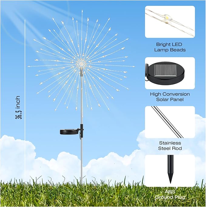 2 Pack 250LED Solar Garden Lights Outdoor, Dual Lighting Modes Firework Lights Solar Powered, Waterproof Twinkle Fairy Light Outside for Yard Patio Pathway Christmas Party Decorative(Multicolor)