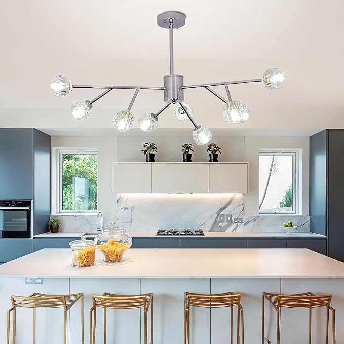 Depuley Modern Chrome Sputnik Chandelier: 9-Light Crystal Glass Chandelier for Dining Room - Kitchen Table Light Fixture Mid Century Hanging Lamp Height Adjustable for Foyer (Included G9 Bulbs)